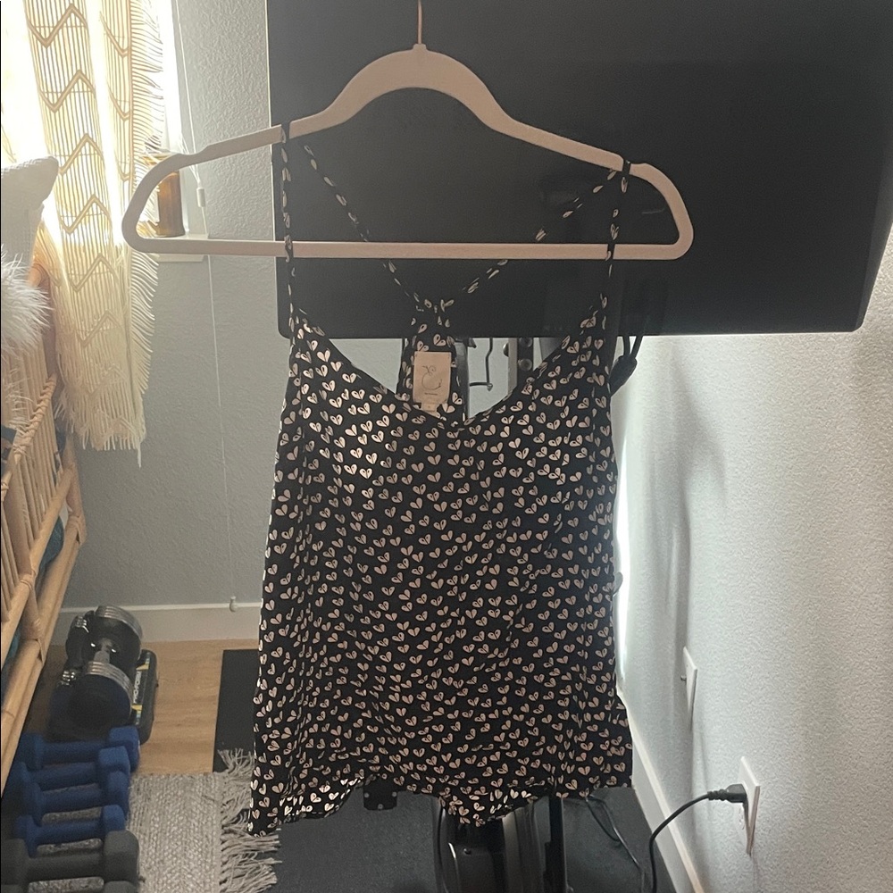 Black Satin Heart-Print Cami with Adjustable Straps